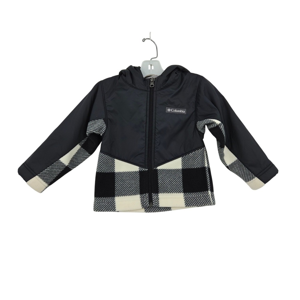 Columbia Kids Black Off White Buffalo Plaid Fleece Hooded Full Zip Jacket 2T